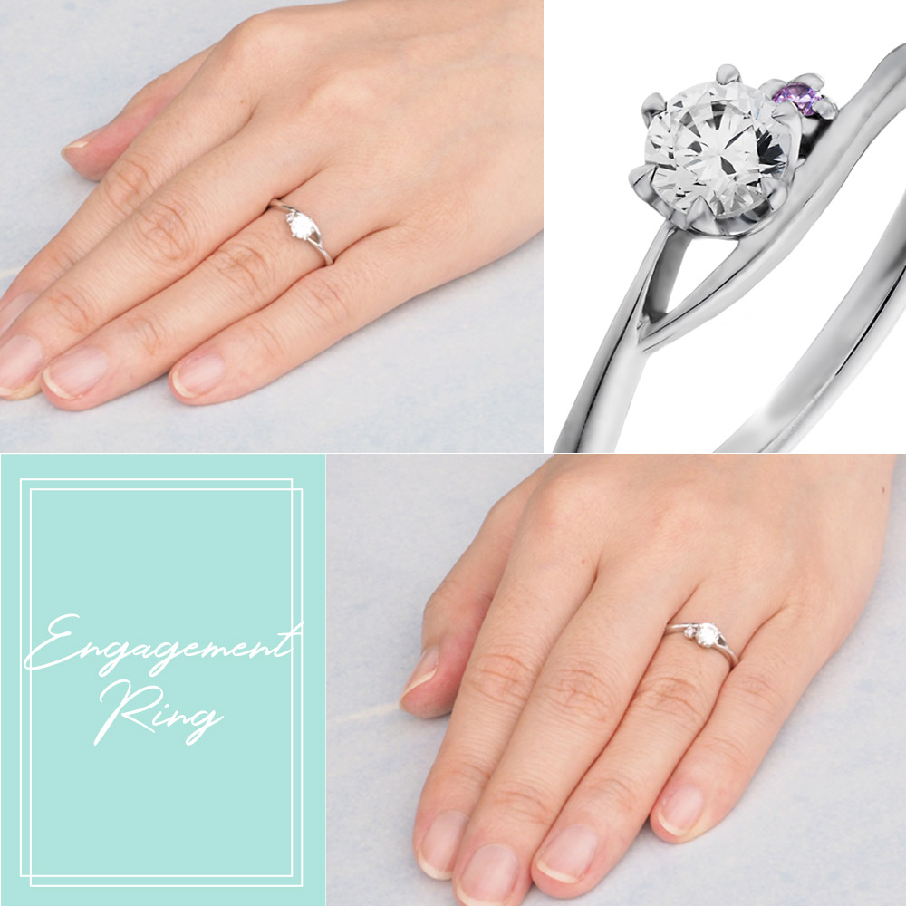 婚約指輪-ピンクダイヤ寄り添うウェーブラインのサイドストーンリング